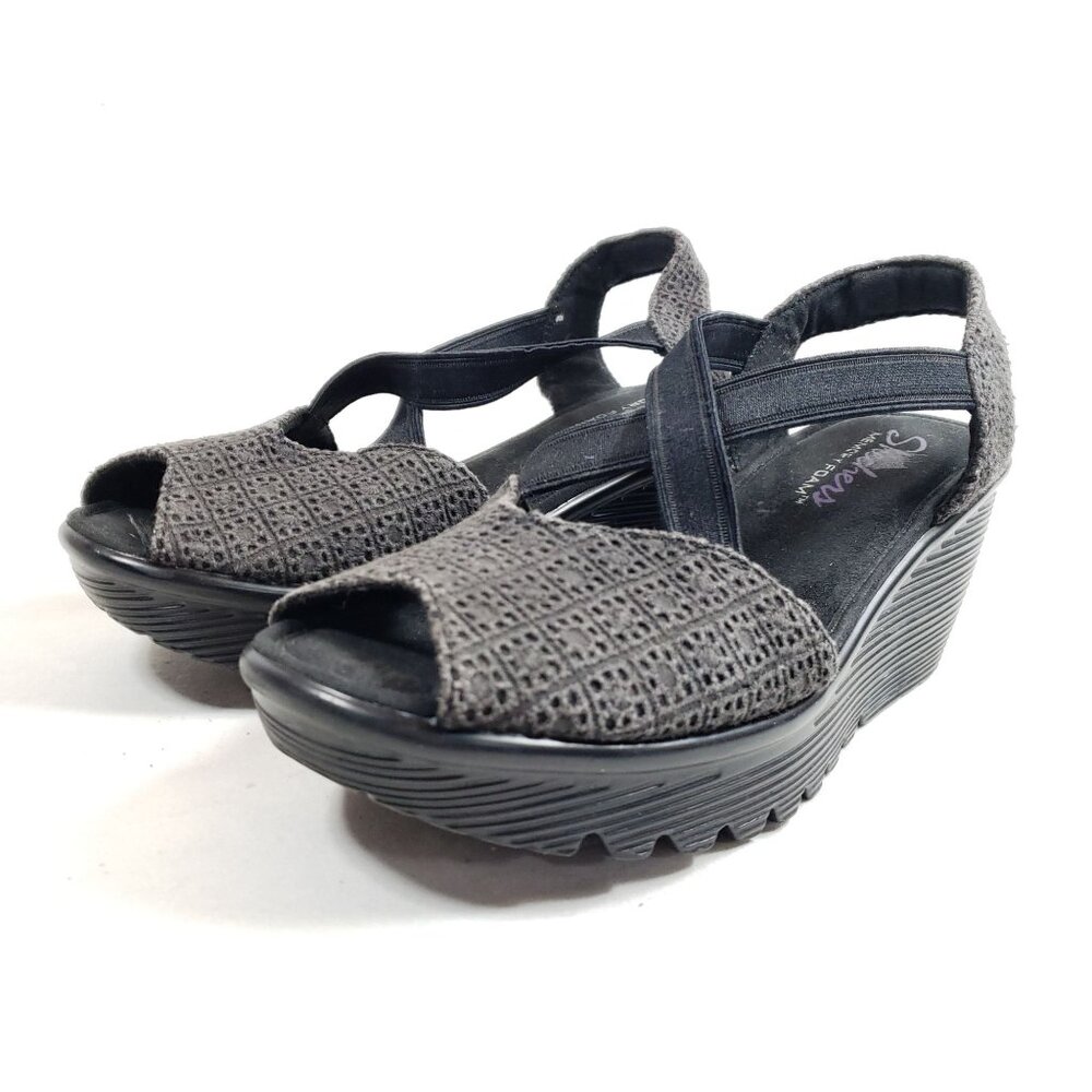 Skechers Womens Size 6.5 Black Wedge Open Toe Sandals With Memory Foam Comfort - Picture 9 of 9
